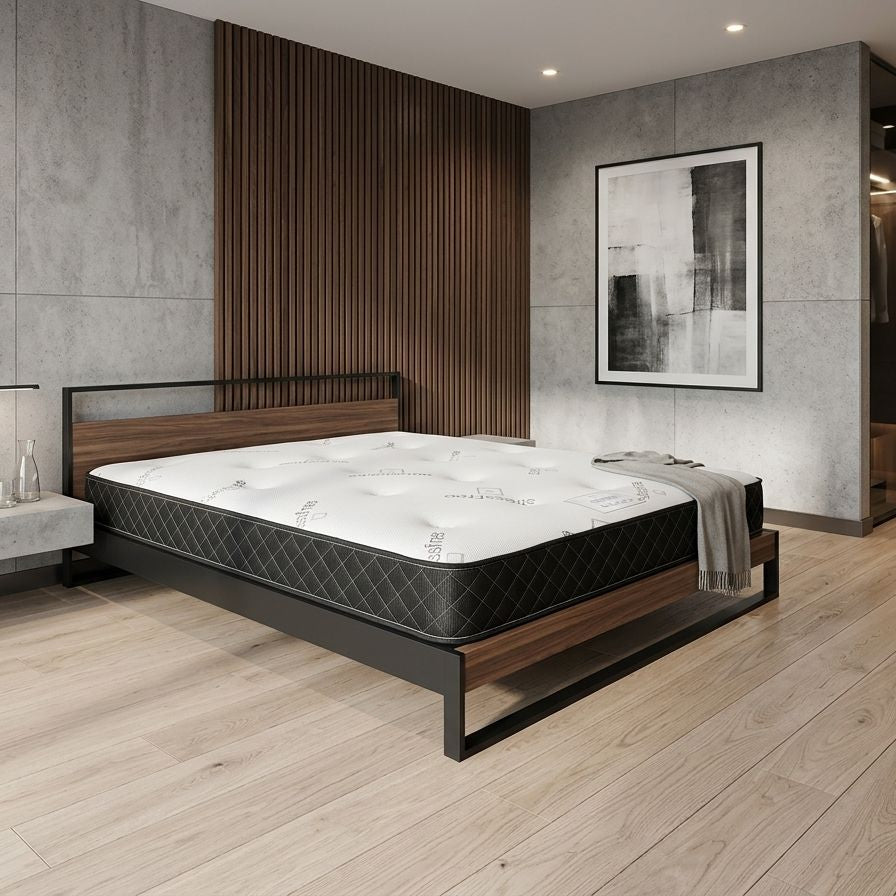 Modern bedroom with a bed and nightstands in a stylish room.