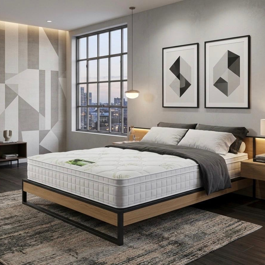 Modern bedroom with a bed, nightstands, and abstract wall art.