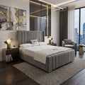 Modern bedroom with gray bed, nightstands, and city view