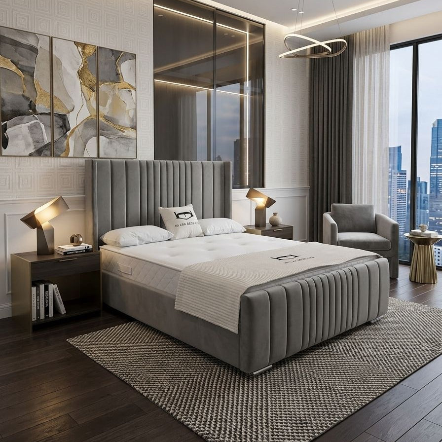 Modern bedroom with gray bed, nightstands, and city view