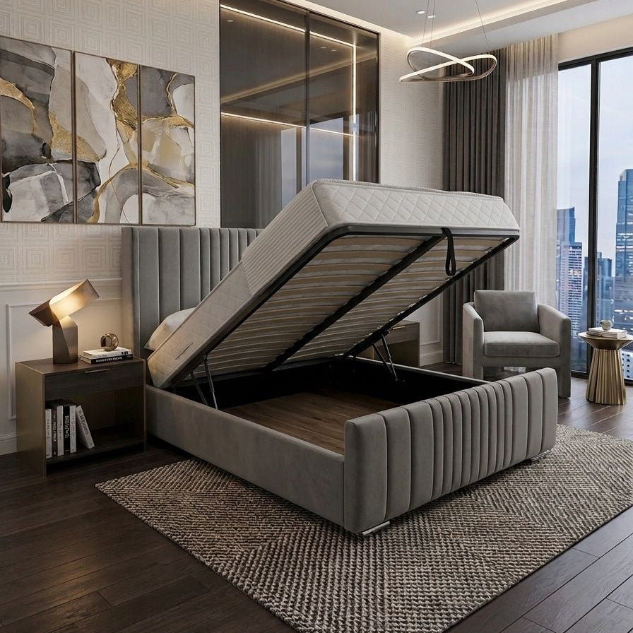 Modern bedroom with a gray upholstered bed, nightstands, and city view.