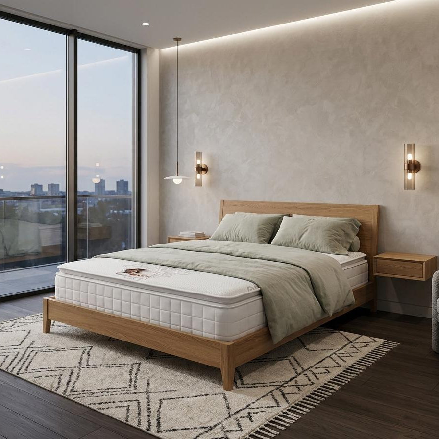 Modern bedroom with wooden bed, cityscape view, and decorative elements.
