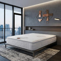 Mattress on a bed frame in a modern bedroom with city view