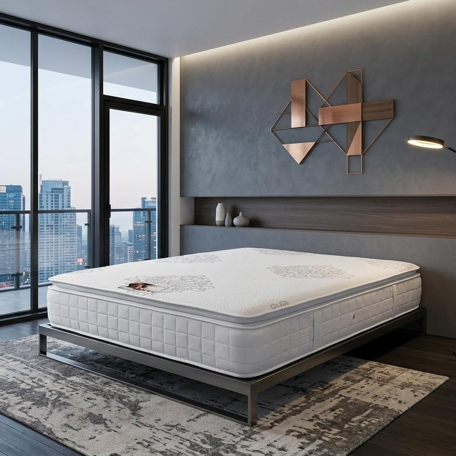 Mattress on a bed frame in a modern bedroom with city view