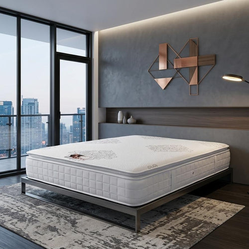 Mattress on a bed frame in a modern bedroom with city view