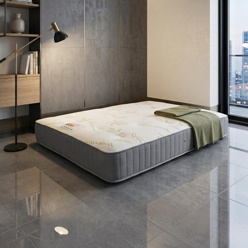 Modern bedroom with a bed and shelves in a stylish room.