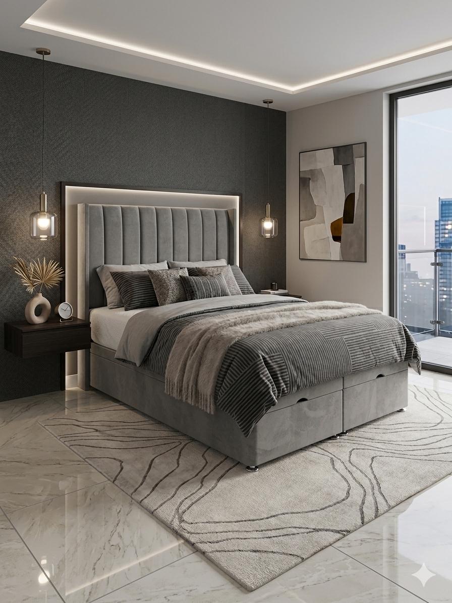 Modern bedroom with gray upholstered bed, nightstands, and abstract art on a cityscape.