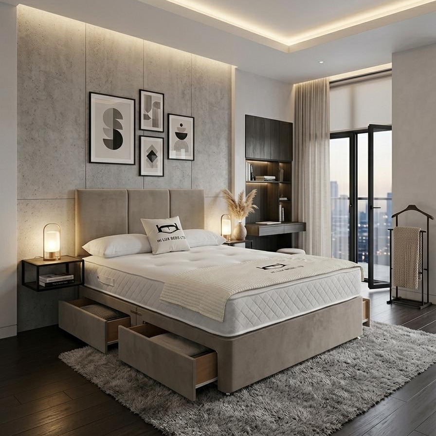 A modern bedroom featuring a low-profile platform bed with built-in storage drawers at the foot, dressed in white bedding. The bed is positioned on a large gray shag rug over dark wood flooring, with a textured beige accent wall, three framed black-and-white art prints, and a warm LED ceiling light above.
