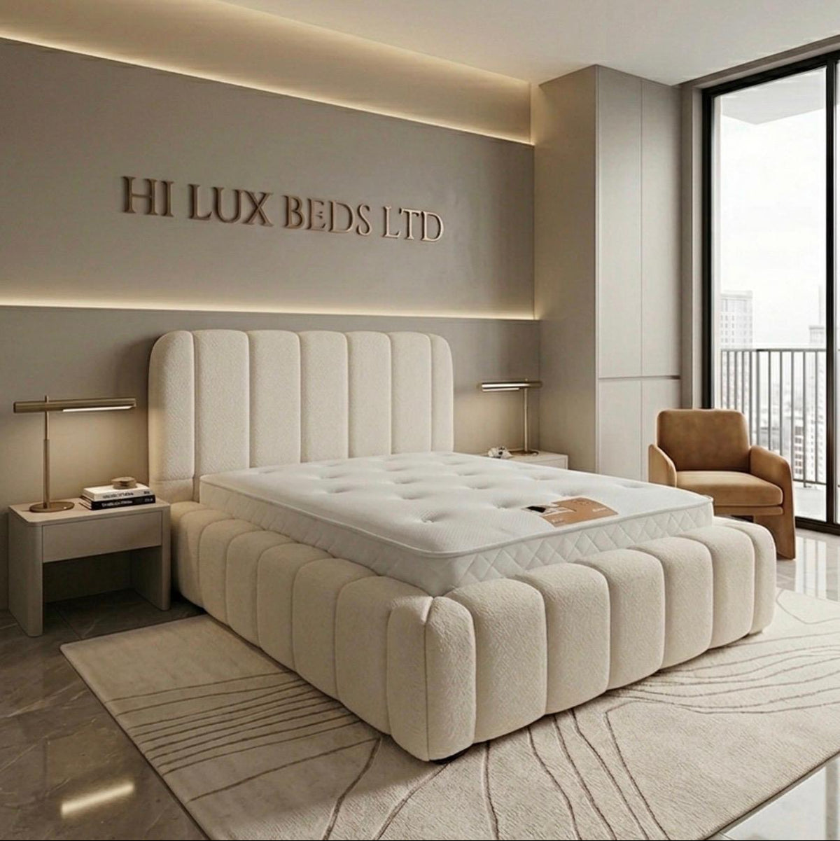 A luxury upholstered bed in a modern bedroom setting, featuring a tufted cream headboard and matching bed frame with a white mattress. The room has warm ambient lighting, a large window, and the text 'HI LUX BEDS LTD' mounted on the wall behind the bed.