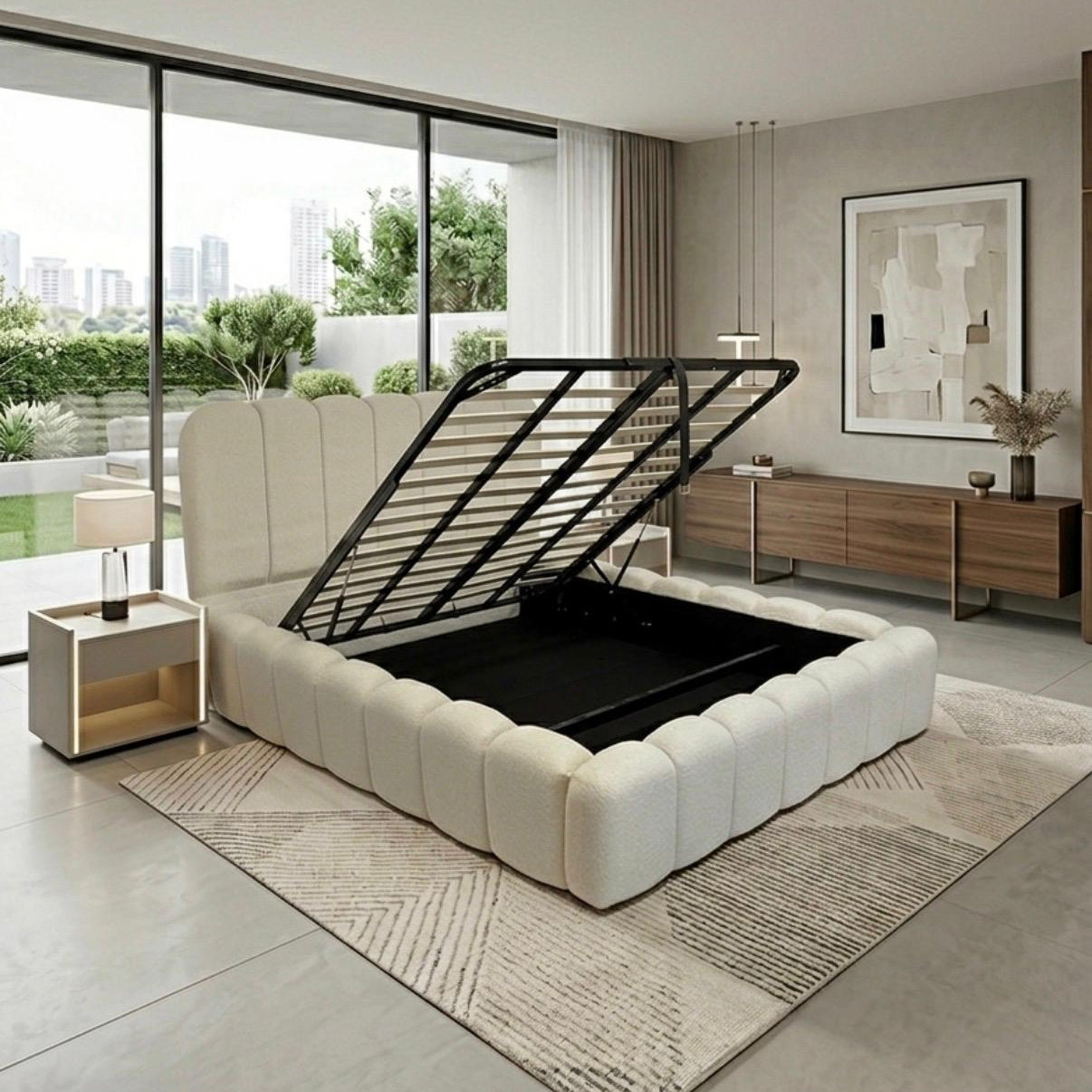 A modern tufted storage bed in off-white with a black metal slatted lift-up frame, shown open in a bright contemporary bedroom with large windows, a sideboard, and a patterned rug.