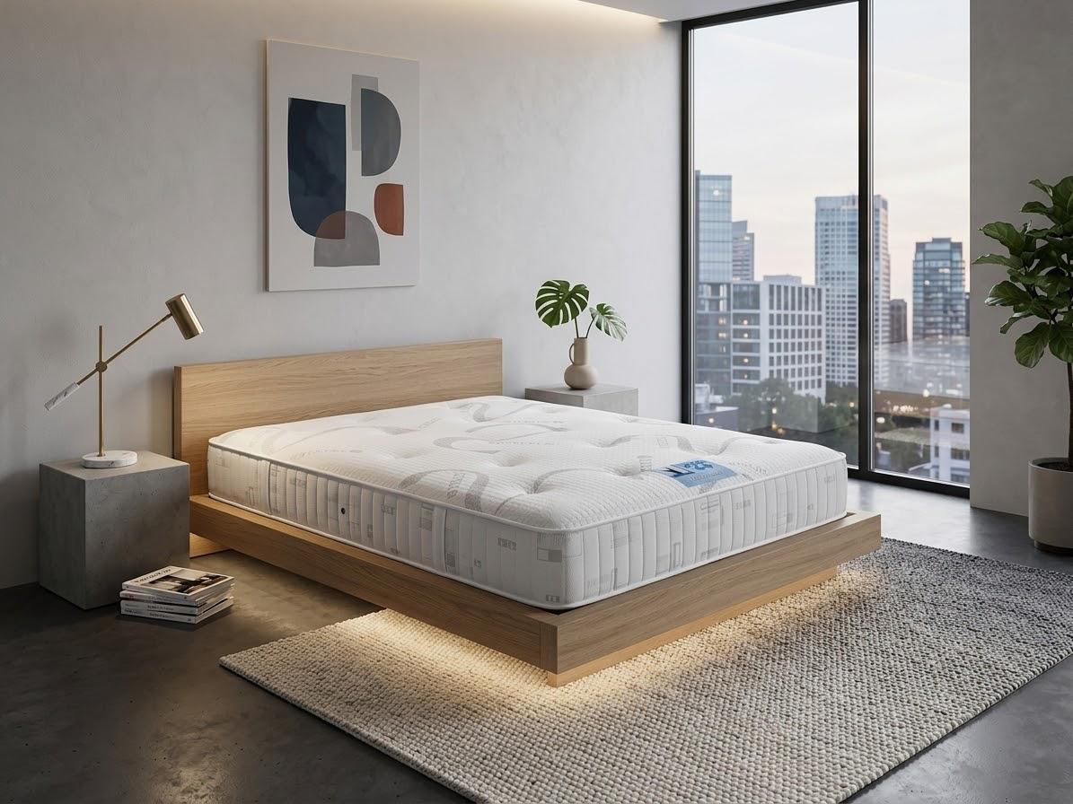 A modern platform bed with a white tufted mattress, set in a minimalist bedroom with a wooden headboard, concrete bedside table, and a large window overlooking a city skyline.